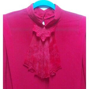 Vintage blouse top secretary RED long sleeve high neck Sz XL/L lace detail front